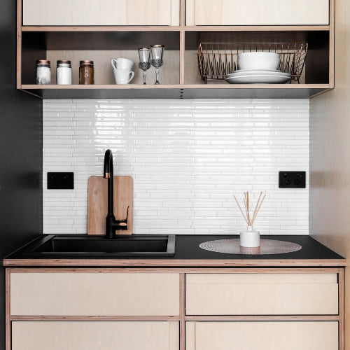 White peel and stick tiles in kitchenette
