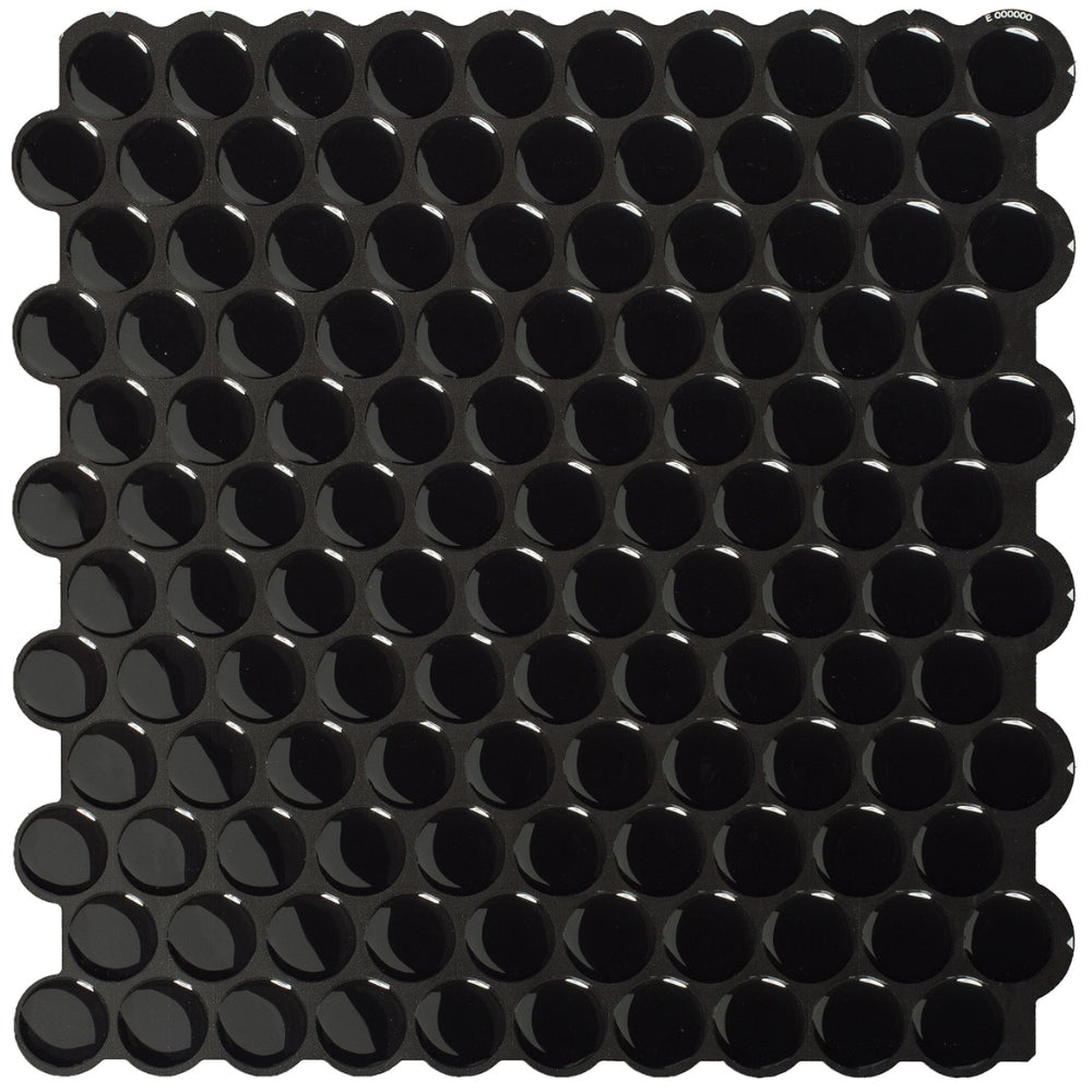 Black penny round self-adhesive 3D tiles as splash back