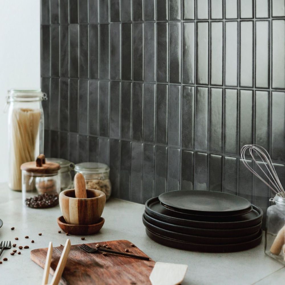 Black stacked subway tile in kitchen
