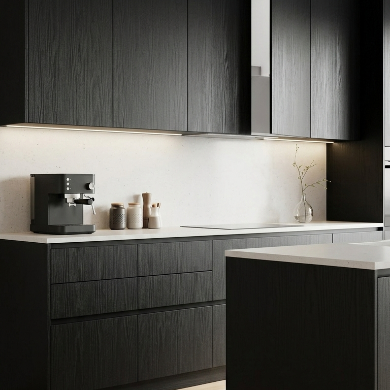 Modern kitchen with black cabinets and white countertops