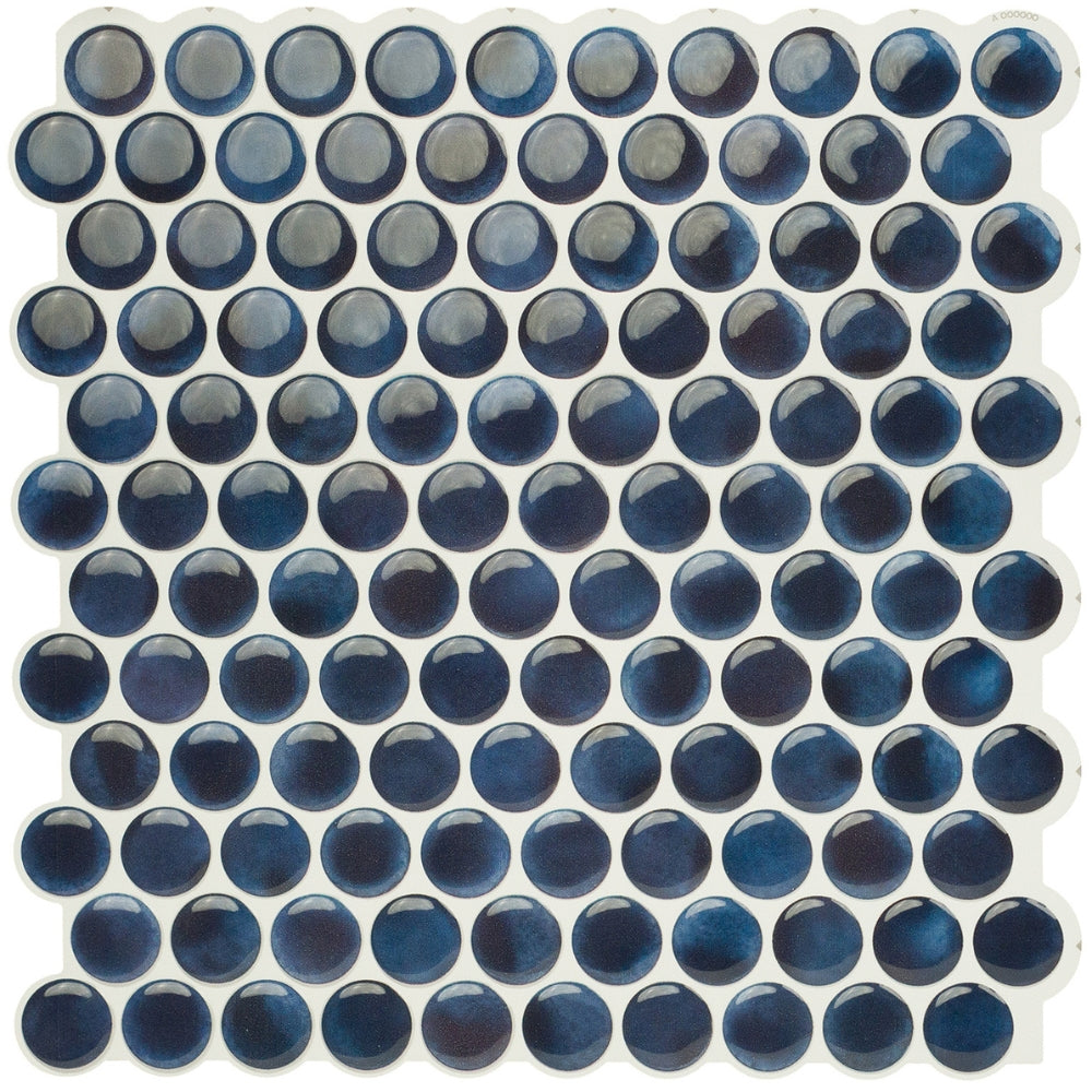 Blue penny round self-adhesive 3D tiles with white grout