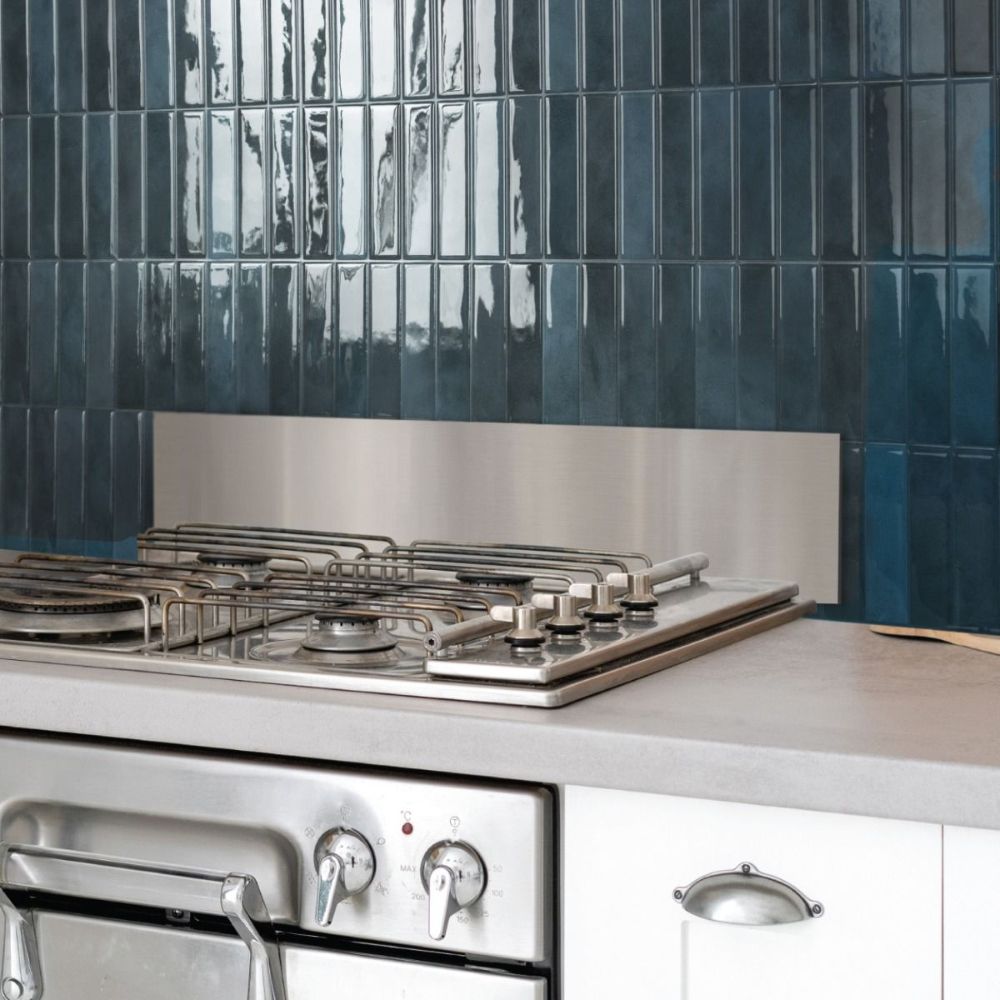Blue stacked subway tile in kitchen