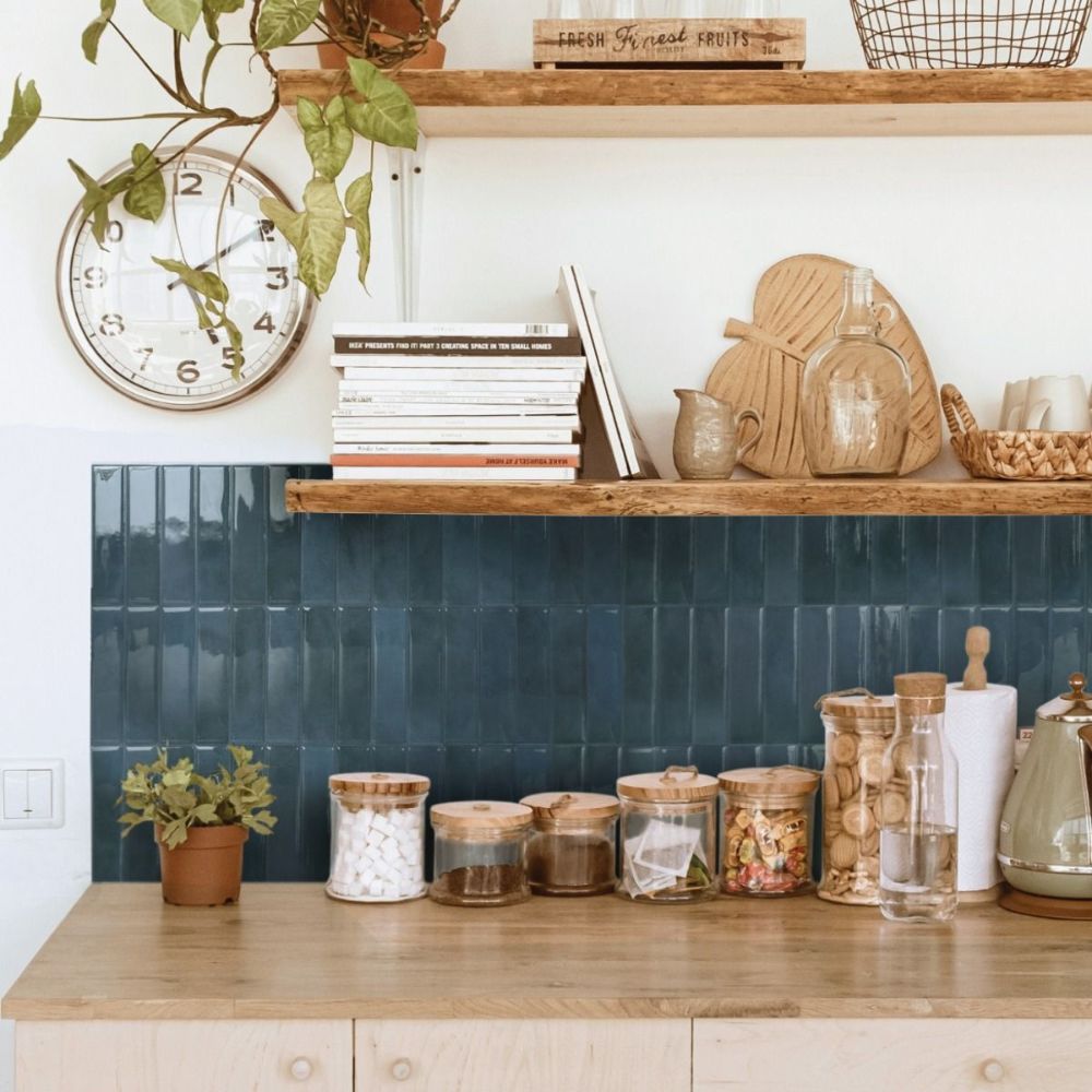 Blue stacked subway tile in kitchen