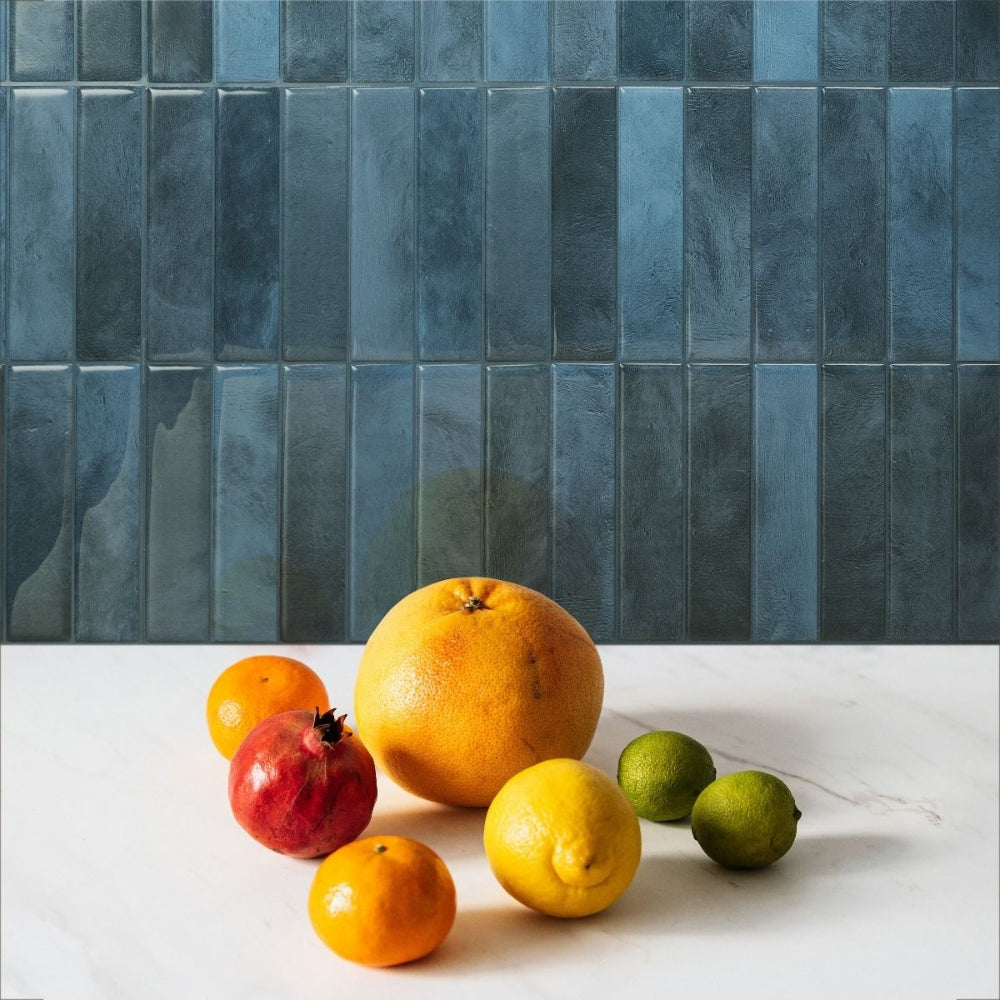 Blue stacked self-adhesive subway tile back splash