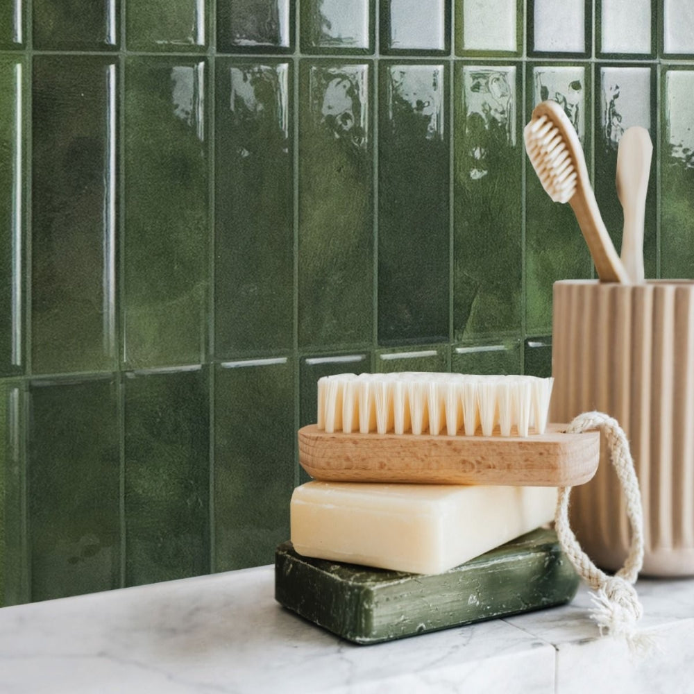 Green stacked subway tile bathroom