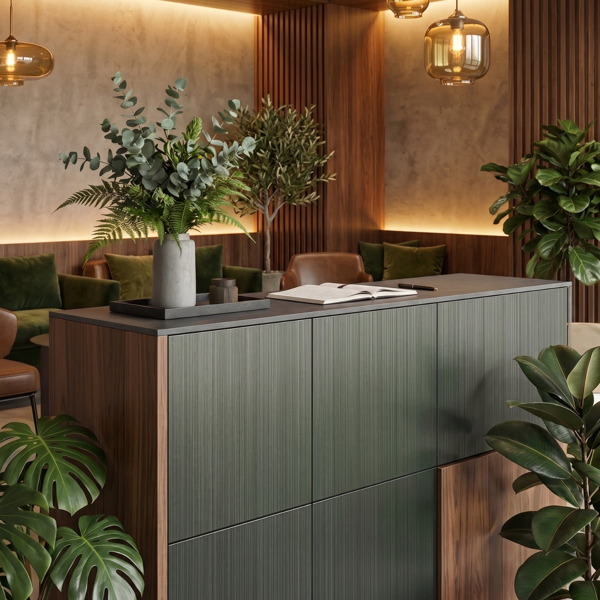 Gunmetal Sage Metallic vinyl wrapped reception desk, plants, and warm lighting.