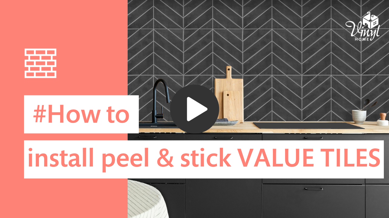Kitchen scene with text overlay on peel and stick tiles