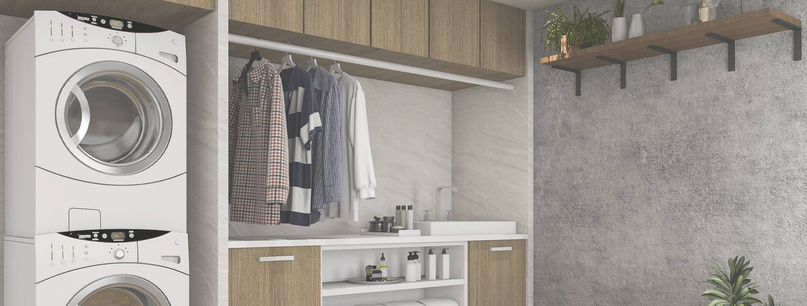 stacked white laundry and dryer to the left and benchtop, sink and cupboards to the right