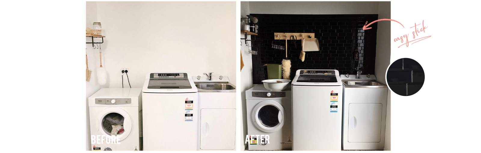 White laundry before to the left and after to the right with black subway Metro vinyl wall tiles