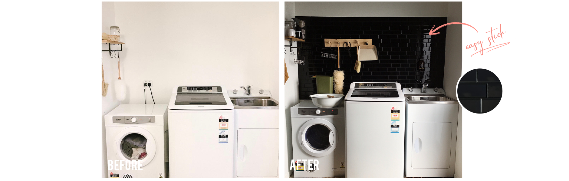 White laundry before to the left and after to the right with black subway Metro vinyl wall tiles