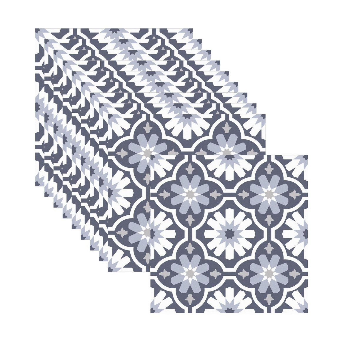 Set of ten blue and white patterned floor tiles on a white background