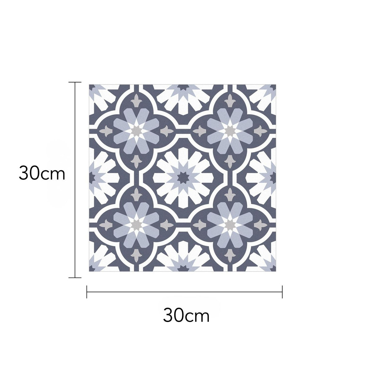 Decorative tile with floral floor tile and dimensions indicated on a white background
