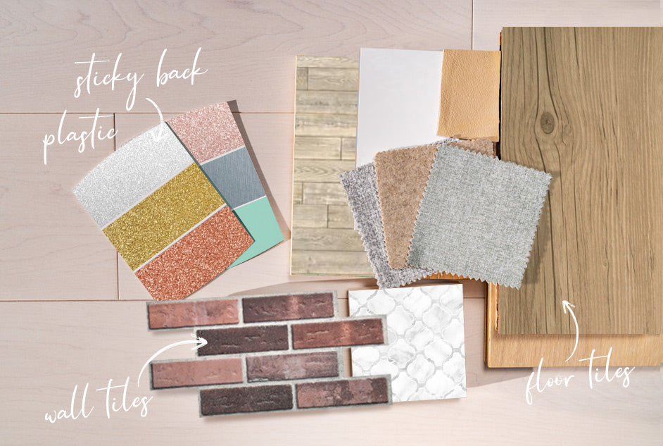 mood board with sticky back plastic, wall tiles and floor tiles samples in glitter, wood grain, brick and other designs