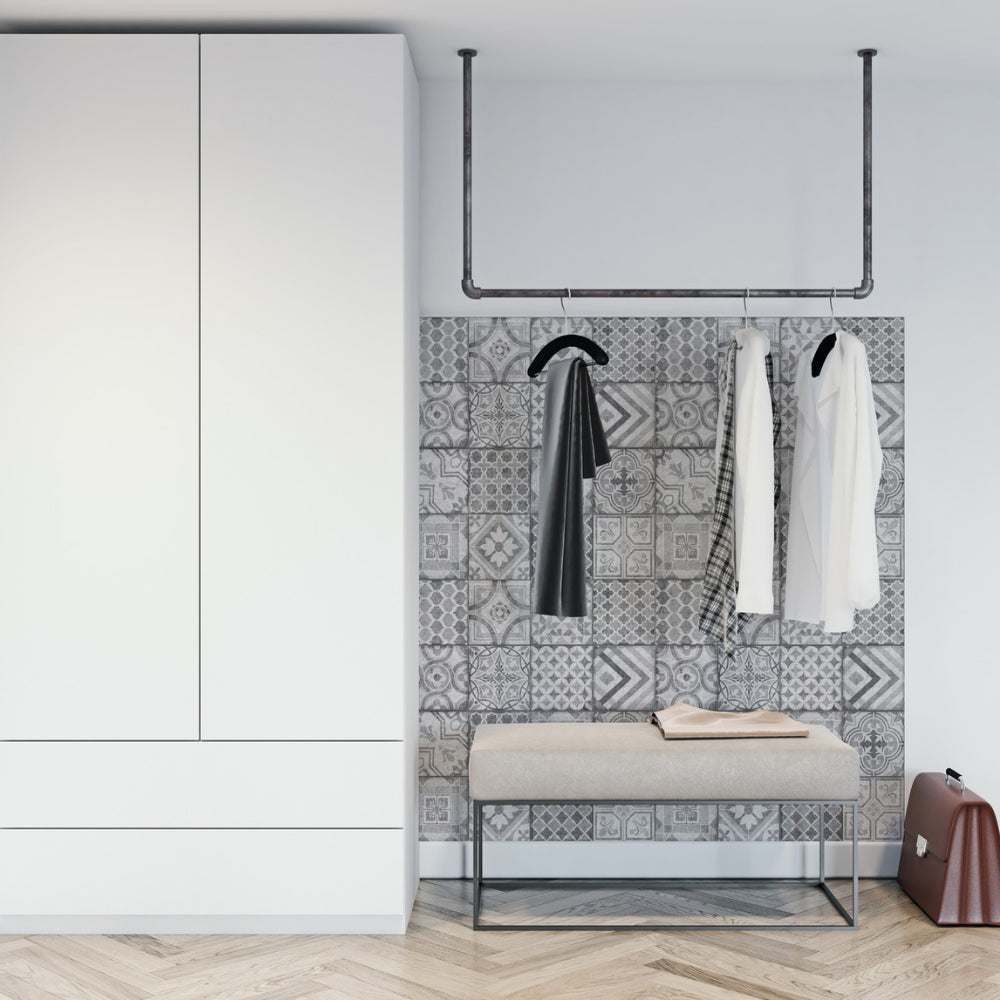 Moroccan tiles grey vinyl wallpaper on a wall in an entryway