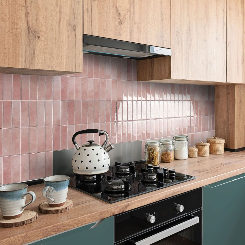 Pink stacked subway tiles as kitchen splash back