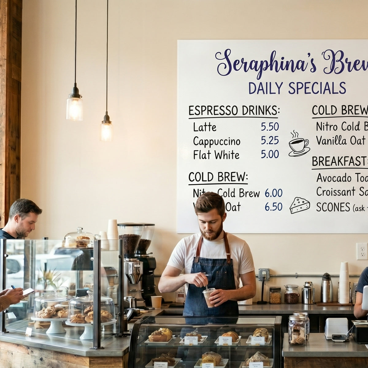 Coffee shop interior with a barista and a whiteboard menu board displaying daily specials.