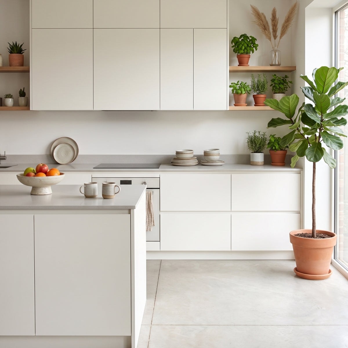 Modern kitchen with Pure Matte Off-White vinyl wrapped cabinets, a potted plant, and various kitchen items.
