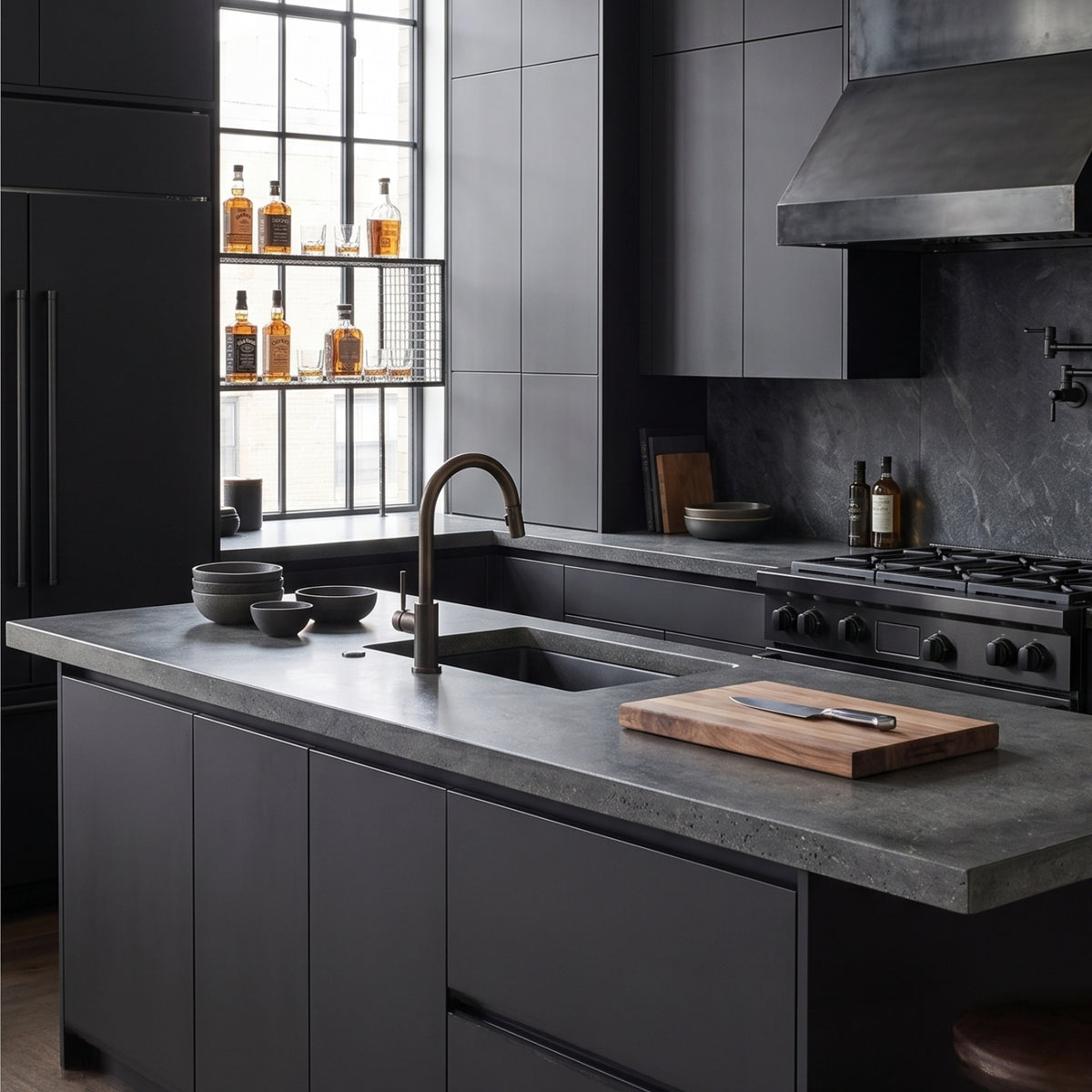 Modern kitchen with black vinyl wrapped kitchen cupboards