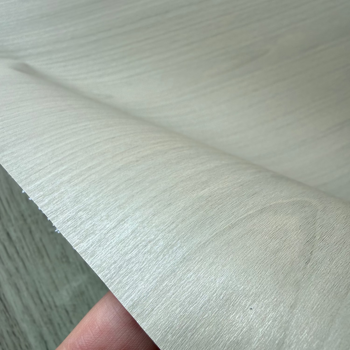 Close-up of a hand holding a syncamore flat grain lime adhesive vinyl.
