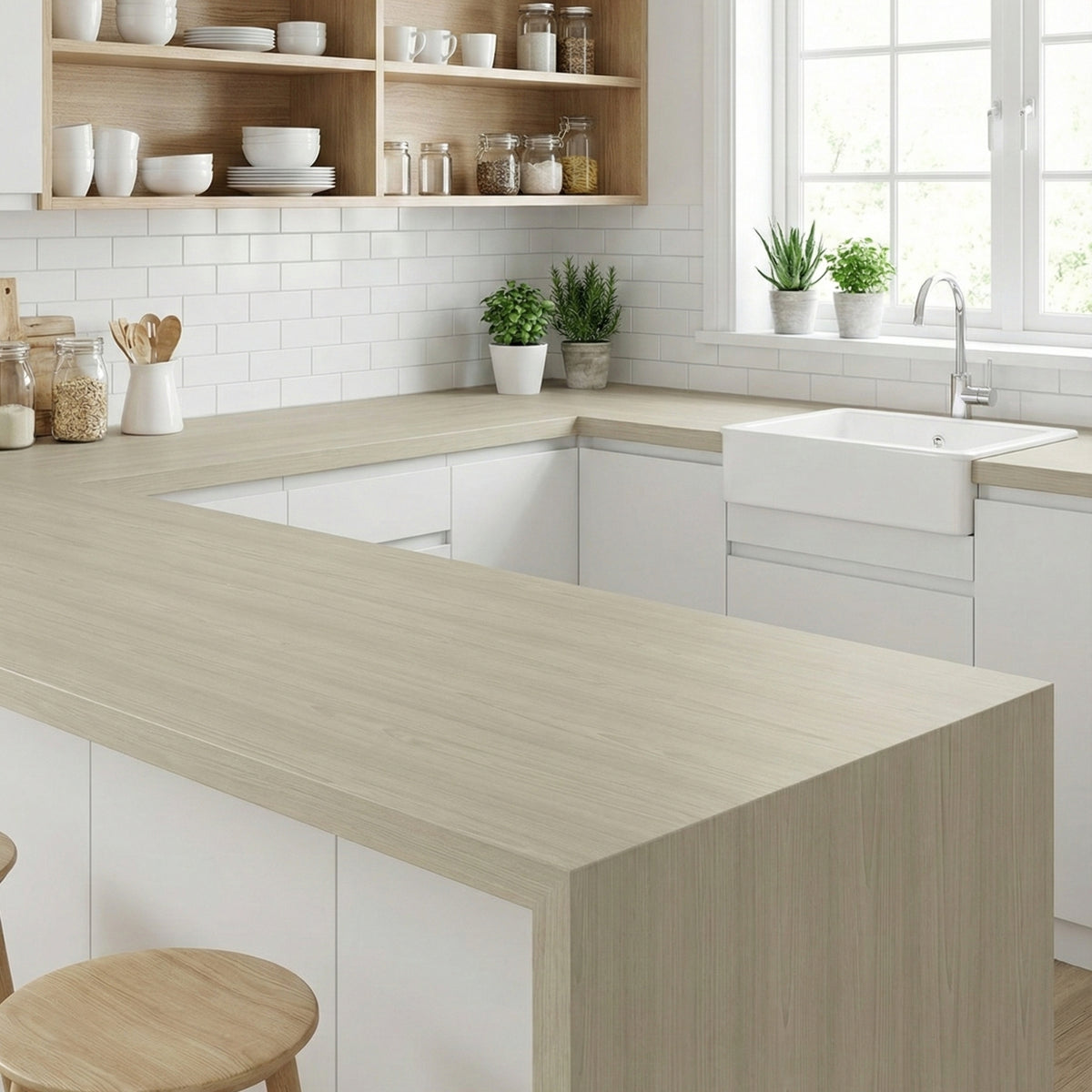 Modern kitchen with wooden architectural grade vinyl wrapped island and shelves, featuring white cabinets and a window.