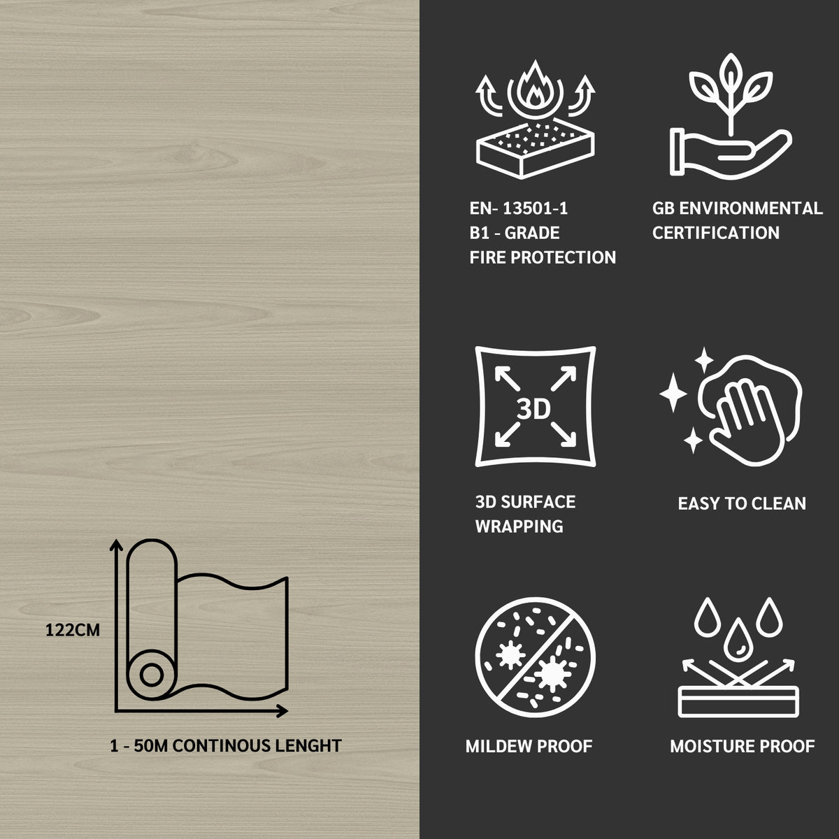 Product features with icons and text on a wooden background