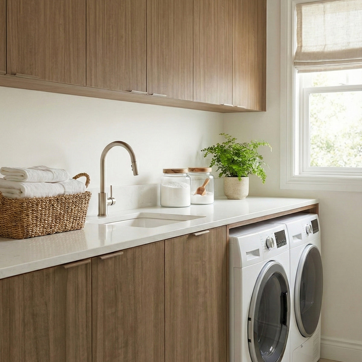 Modern laundry room with wooden vinyl wrapped cabinets, washer, dryer, and decorative items.