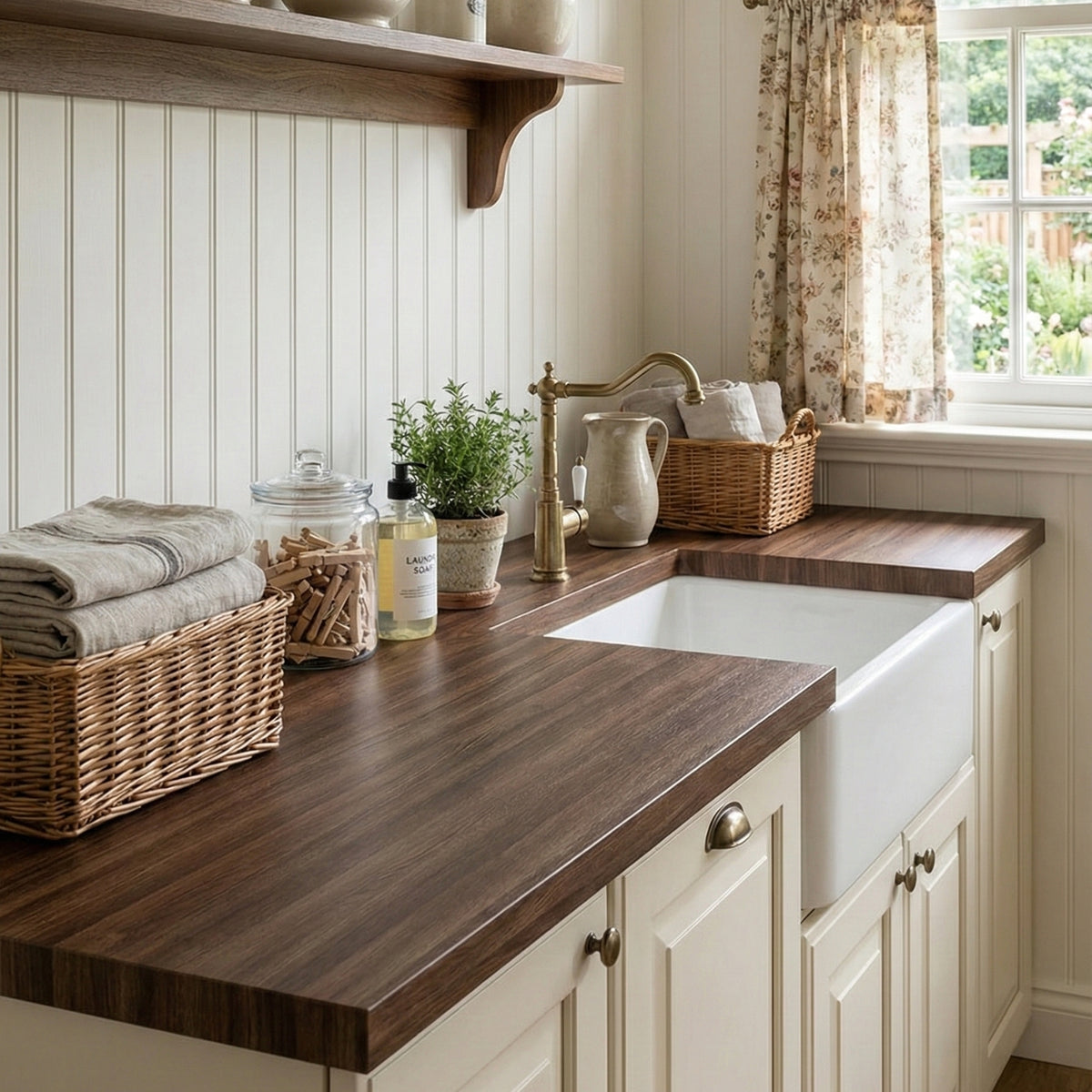 Kitchen counter with oak wood grain vinyl wrapped countertop, white sink, and various items including a plant and baskets.