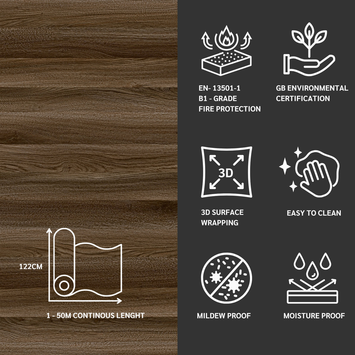 Oak wood grain adhesive vinyl with fire protection, environmental certification, and other feature icons on a dark background