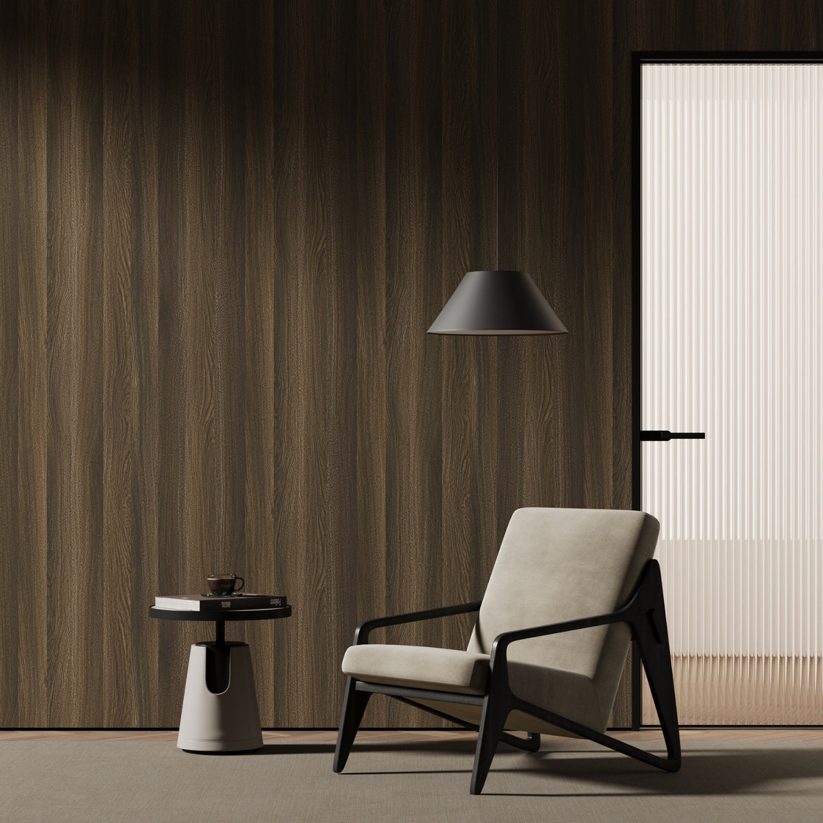 Modern armchair in a room with oak wood grain vinyl wrapped wall and light-coloured floor.