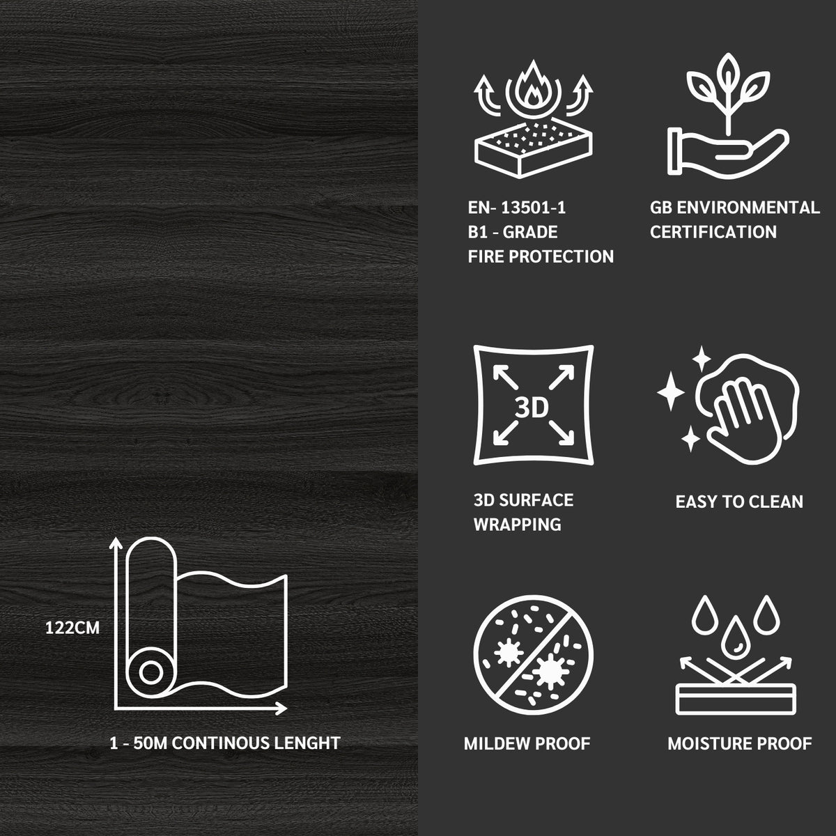 Black oak adhesive vinyl with white icons and text detailing product features on a black background