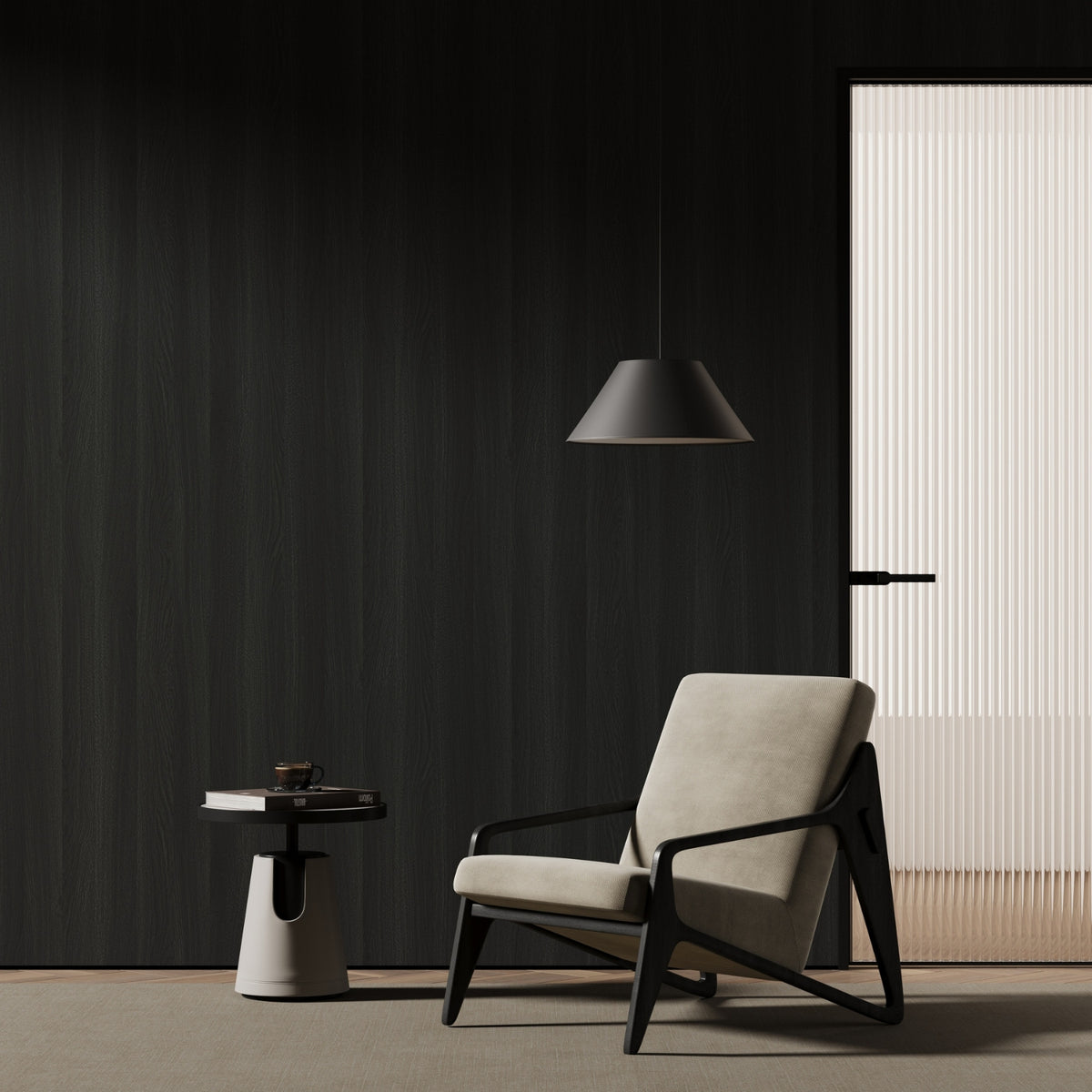 Modern armchair in a minimalistic room with a dark oak vinyl wrapped wall and light-coloured floor.