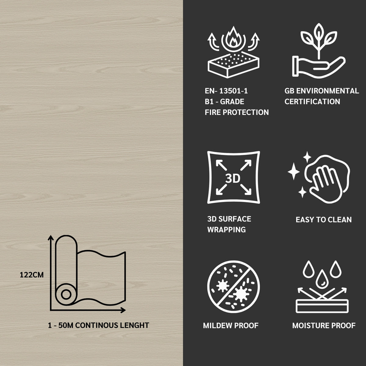 Architectural grade adhesive vinyl features with icons and text on a wooden and black background