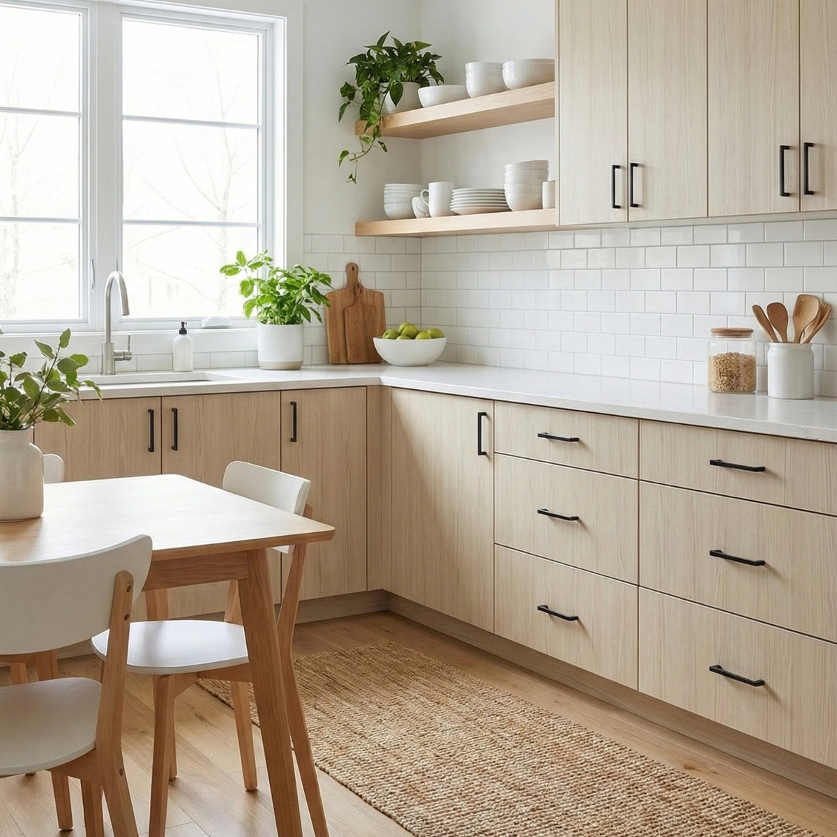 Modern kitchen with light wood grain vinyl wrapped cabinets, white countertops, and a dining area.