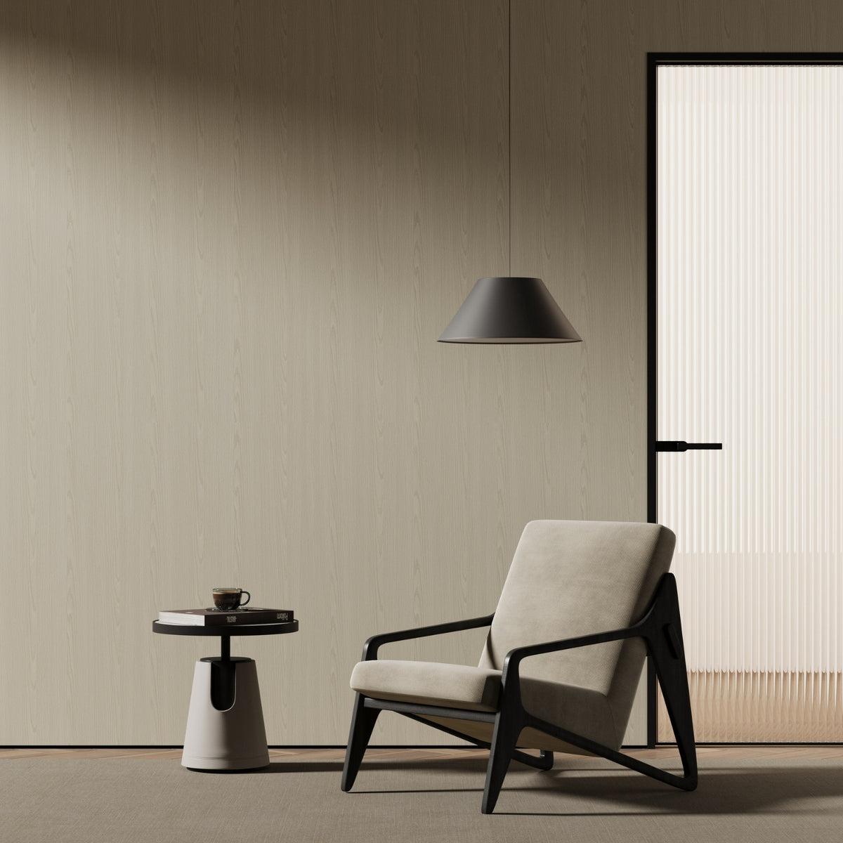 Modern armchair with a side table and pendant light in a minimalistic room and a oak wood grain vinyl wrapped wall.