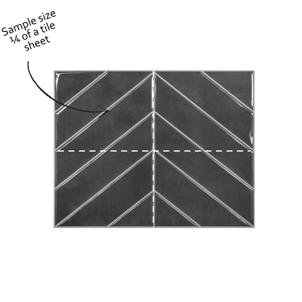 Tile sample with chevron pattern and text indicating size