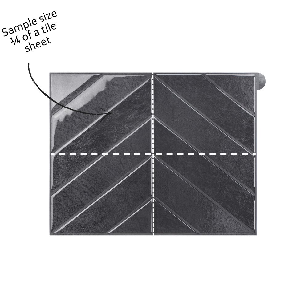 Tile sample with chevron pattern and text indicating size