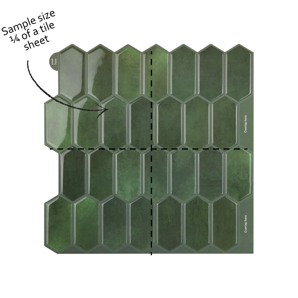Green hexagonal tile sample with a label indicating its size relative to a full tile sheet.