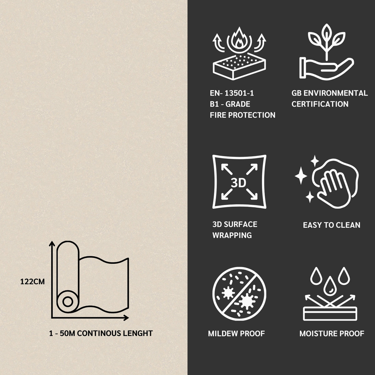 Architectural vinyl features with icons and text on a beige and black background