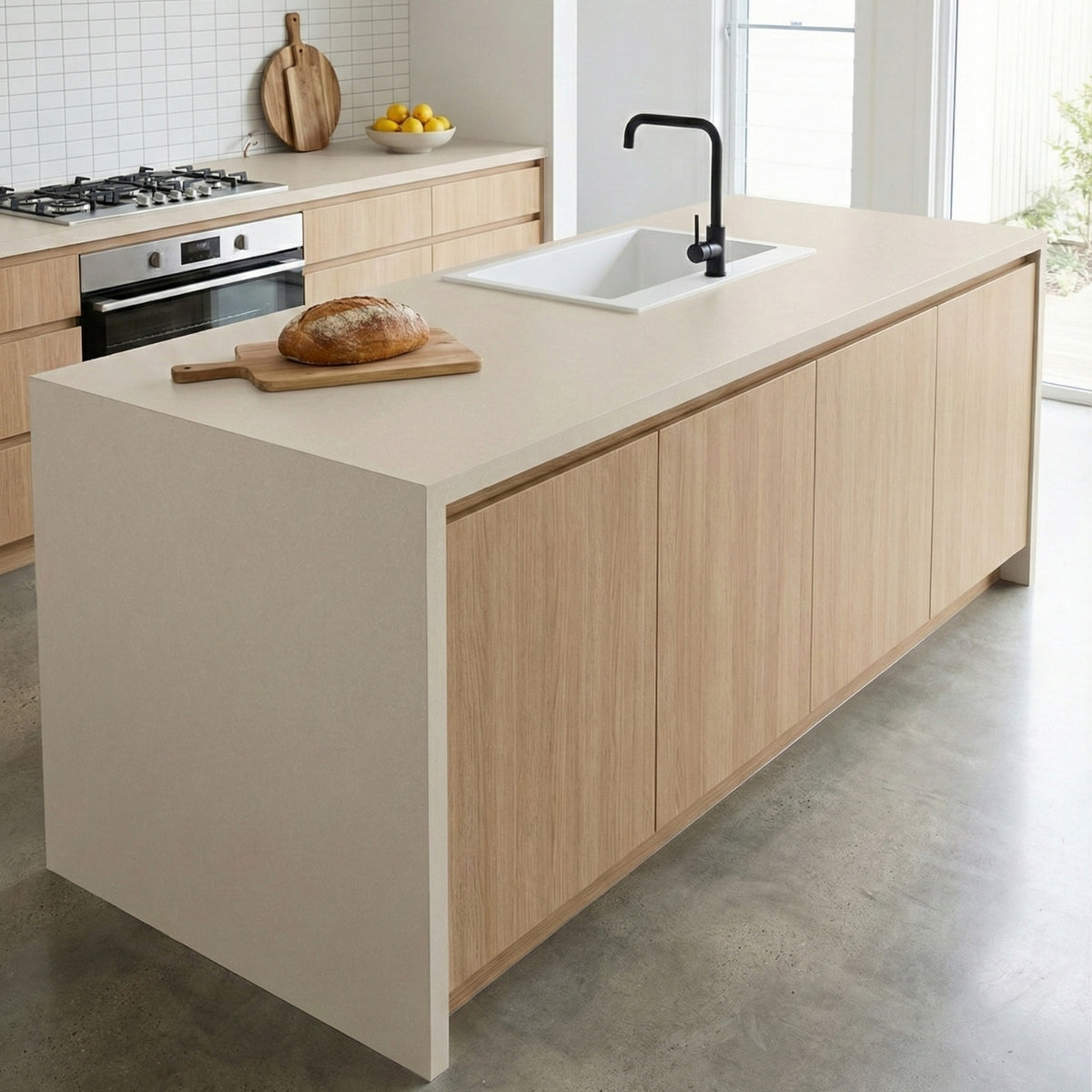 Modern kitchen with a vinyl wrapped island, sink, and countertop.