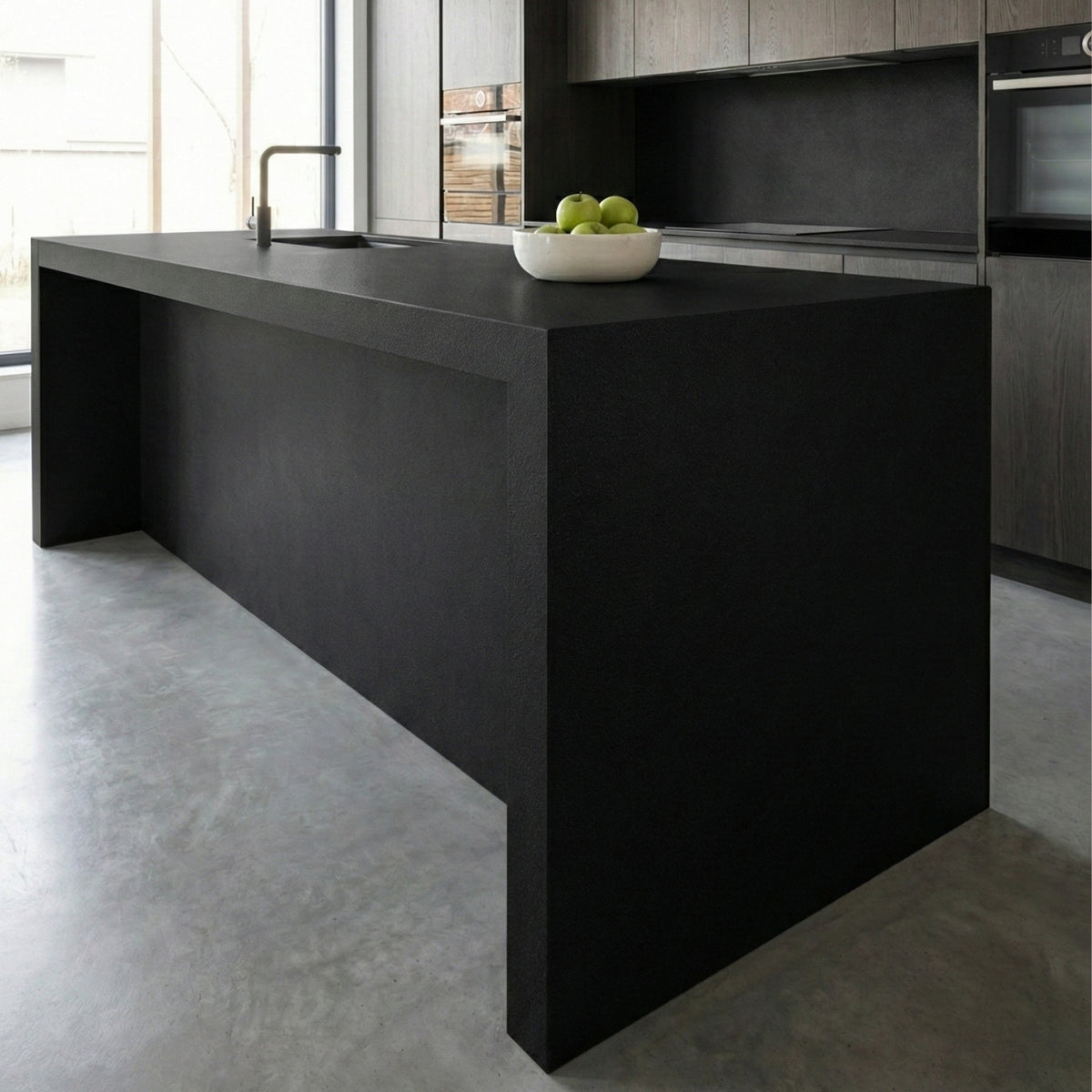 Modern kitchen with a black vinyl wrapped island and stainless steel appliances.