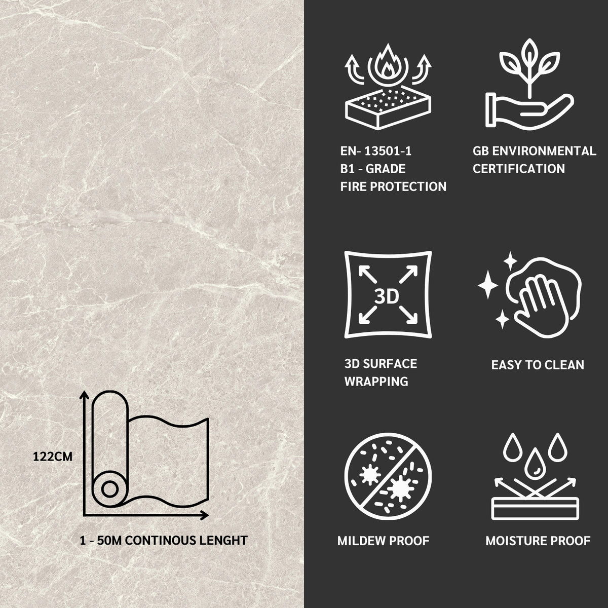 Architectural grade vinyl features with icons and text on a textured grey and black background