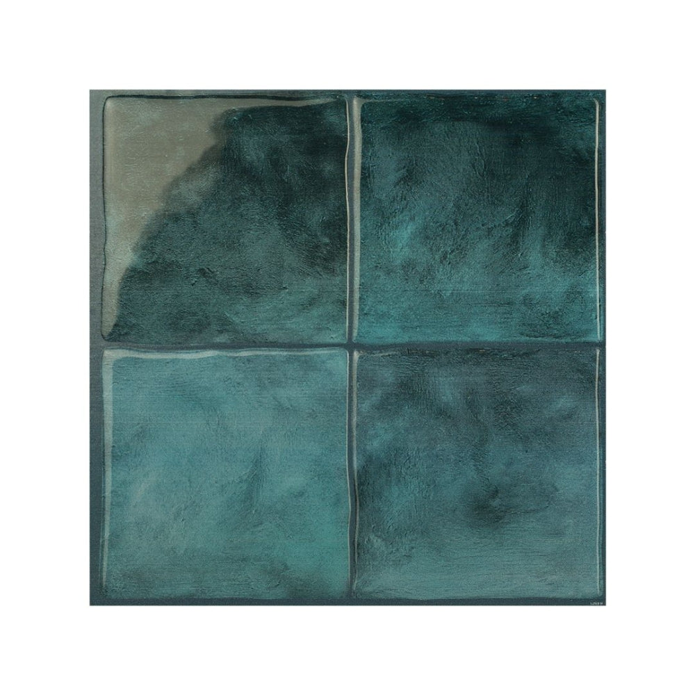 Turquoise square tiles in bathroom that is self-adhesive