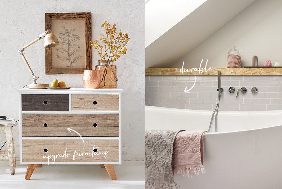 Drawers to the left covered in assorted wood grain sticky back plastic, bathroom to right with white bath and grey Metro Smart Tiles on the wall.