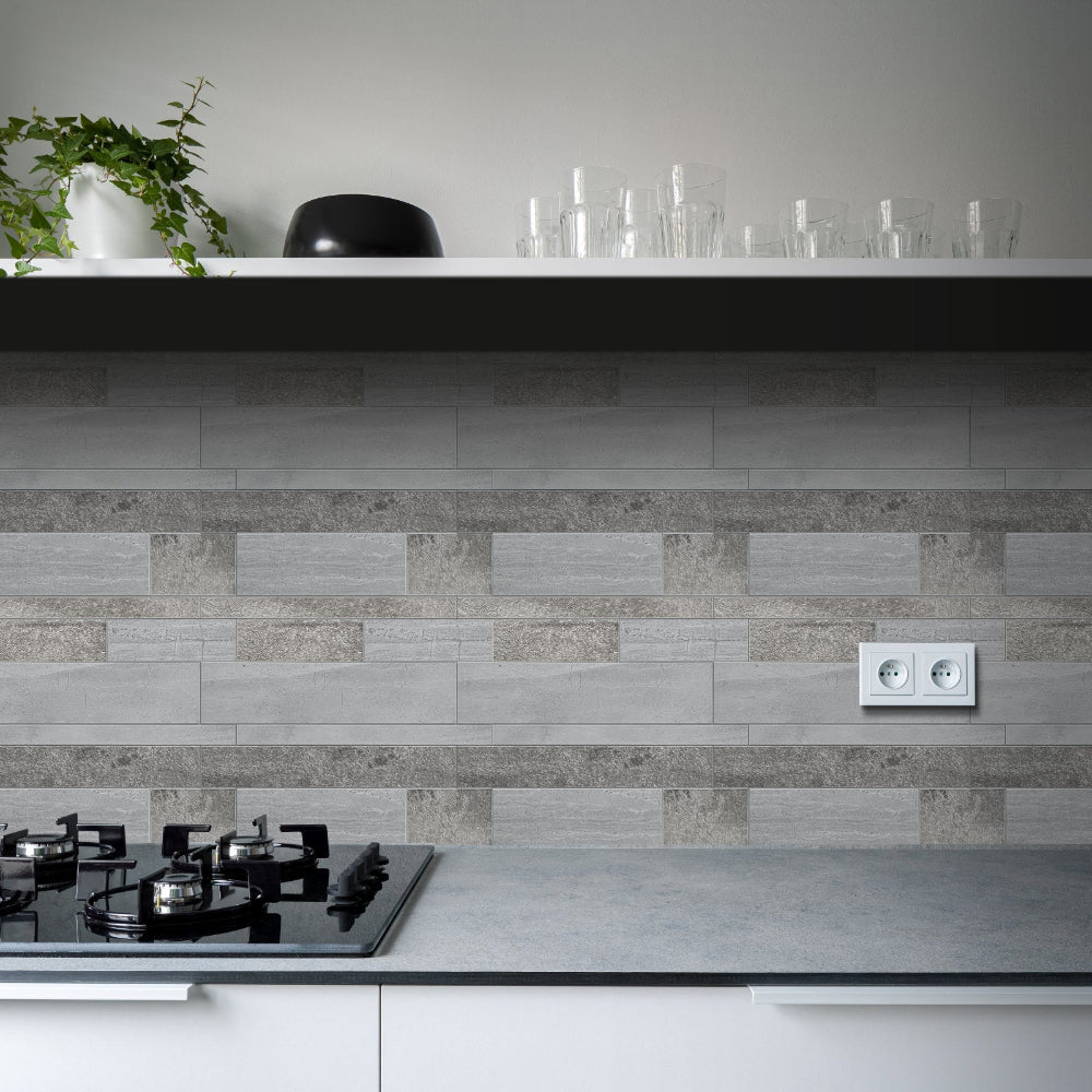 Stone wall grey composite tiles in kitchen