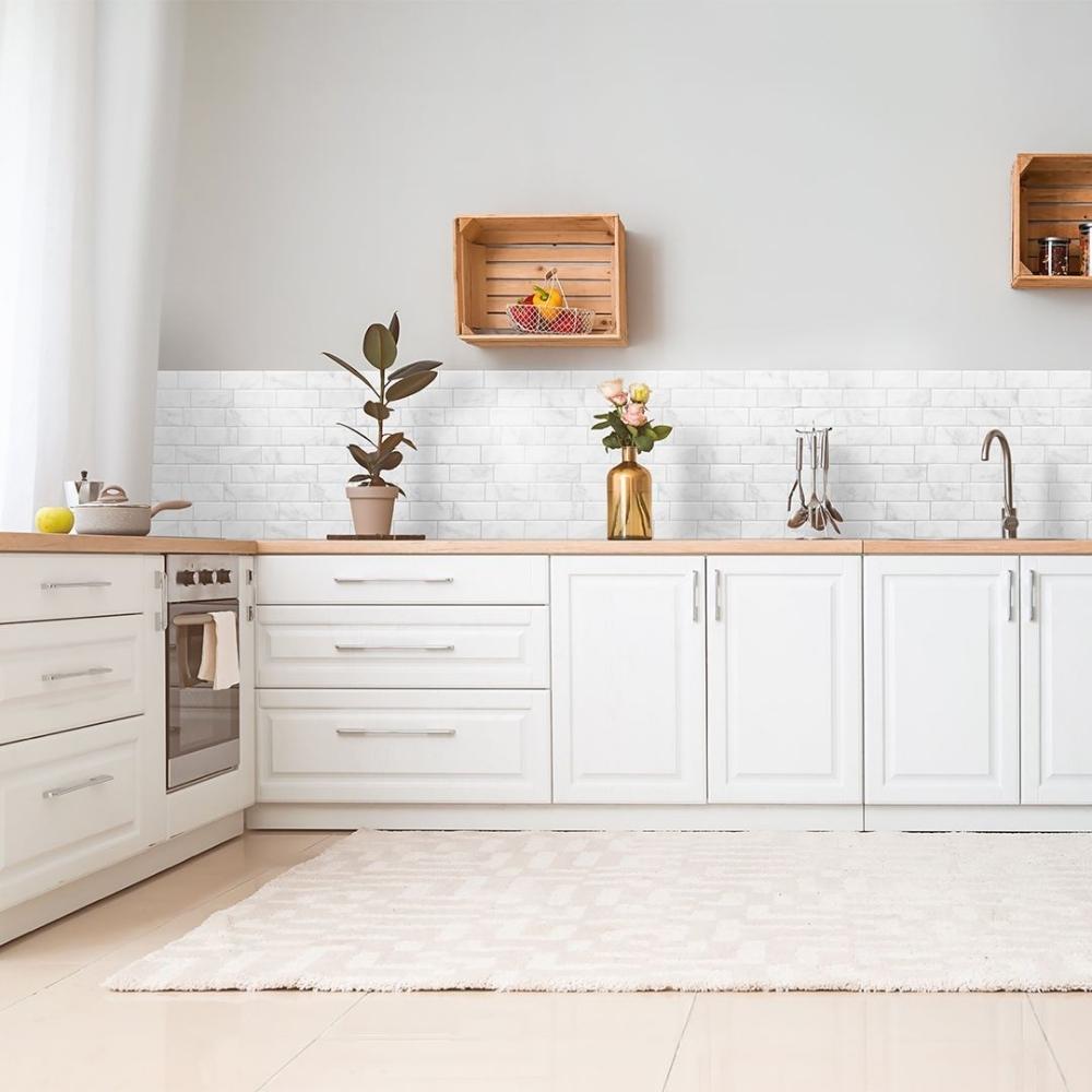 White and grey marble subway tiles in kitchen