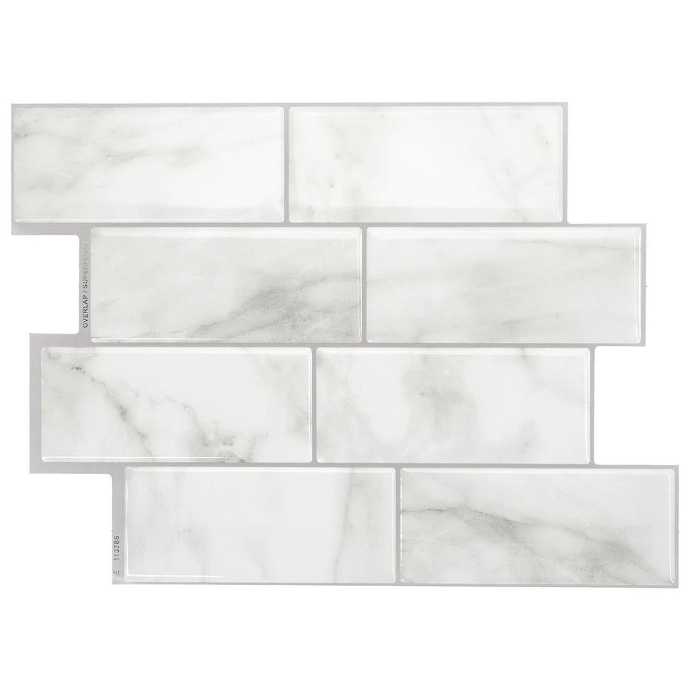 White and grey marble subway tiles as a splash back