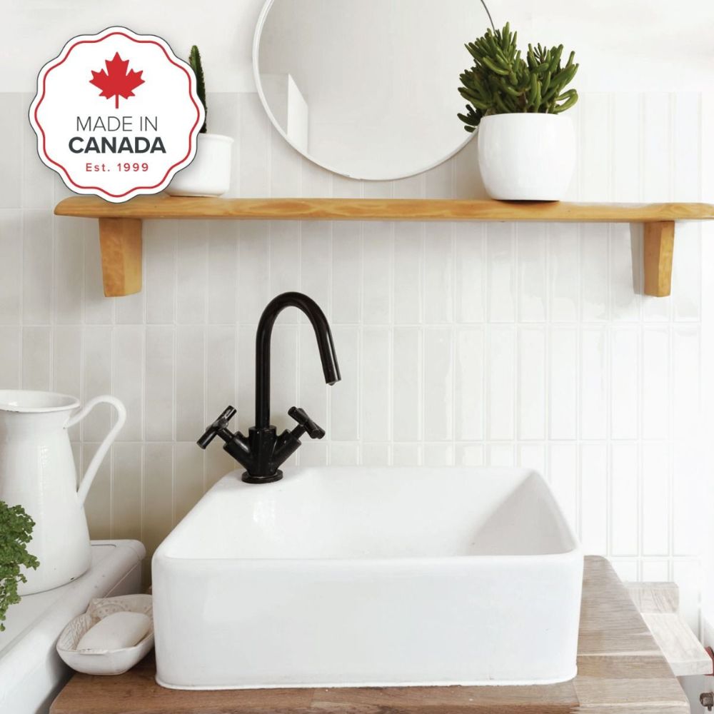 white stacked subway tile in bathroom