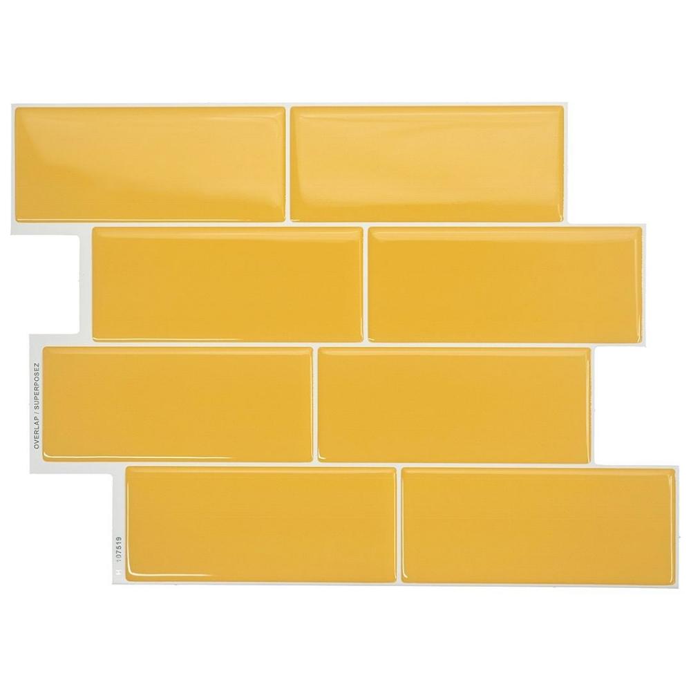 yellow self-adhesive 3D subway tile in a bathroom