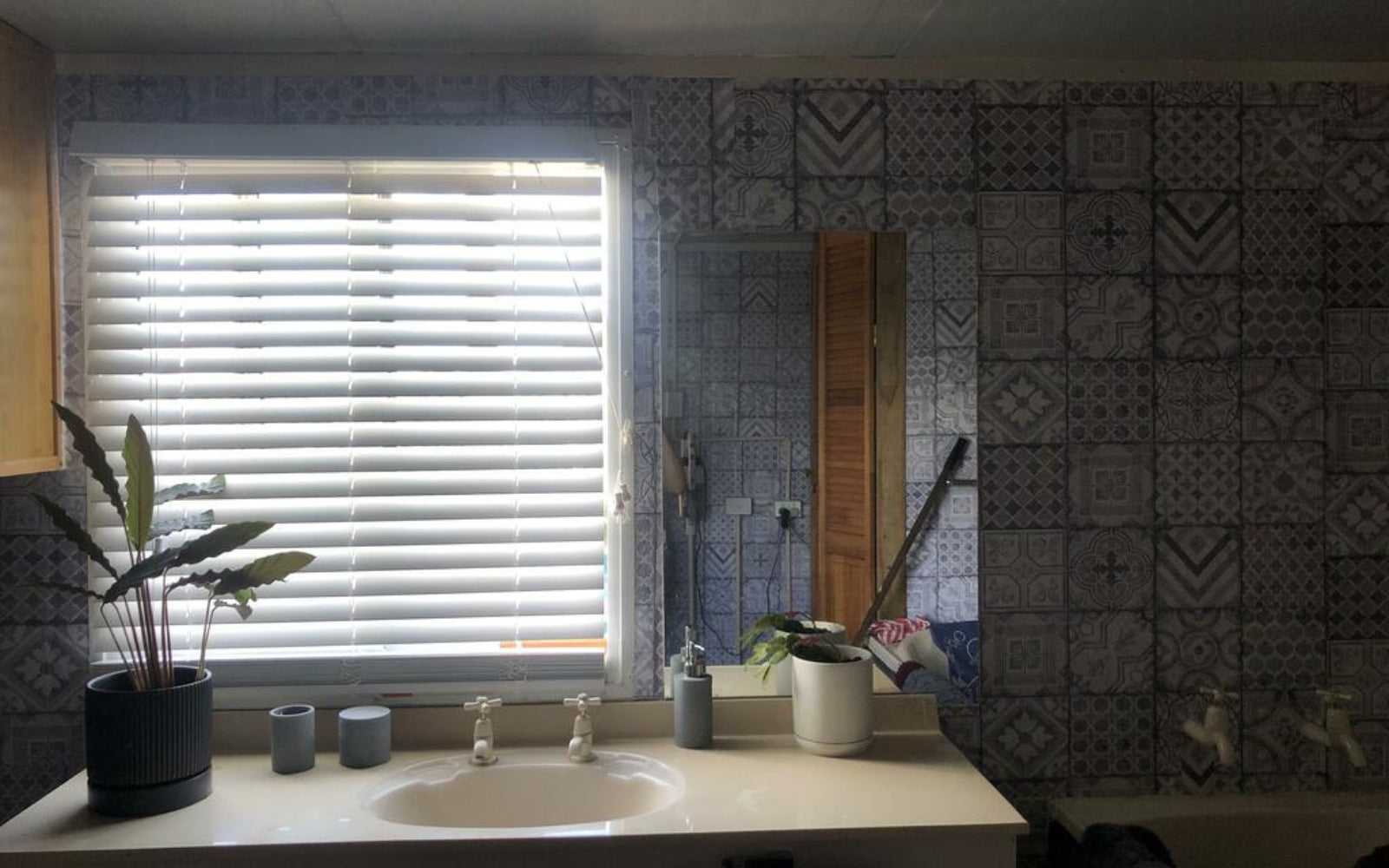 Customer photo moroccan tiles grey vinyl wallpaper bathroom