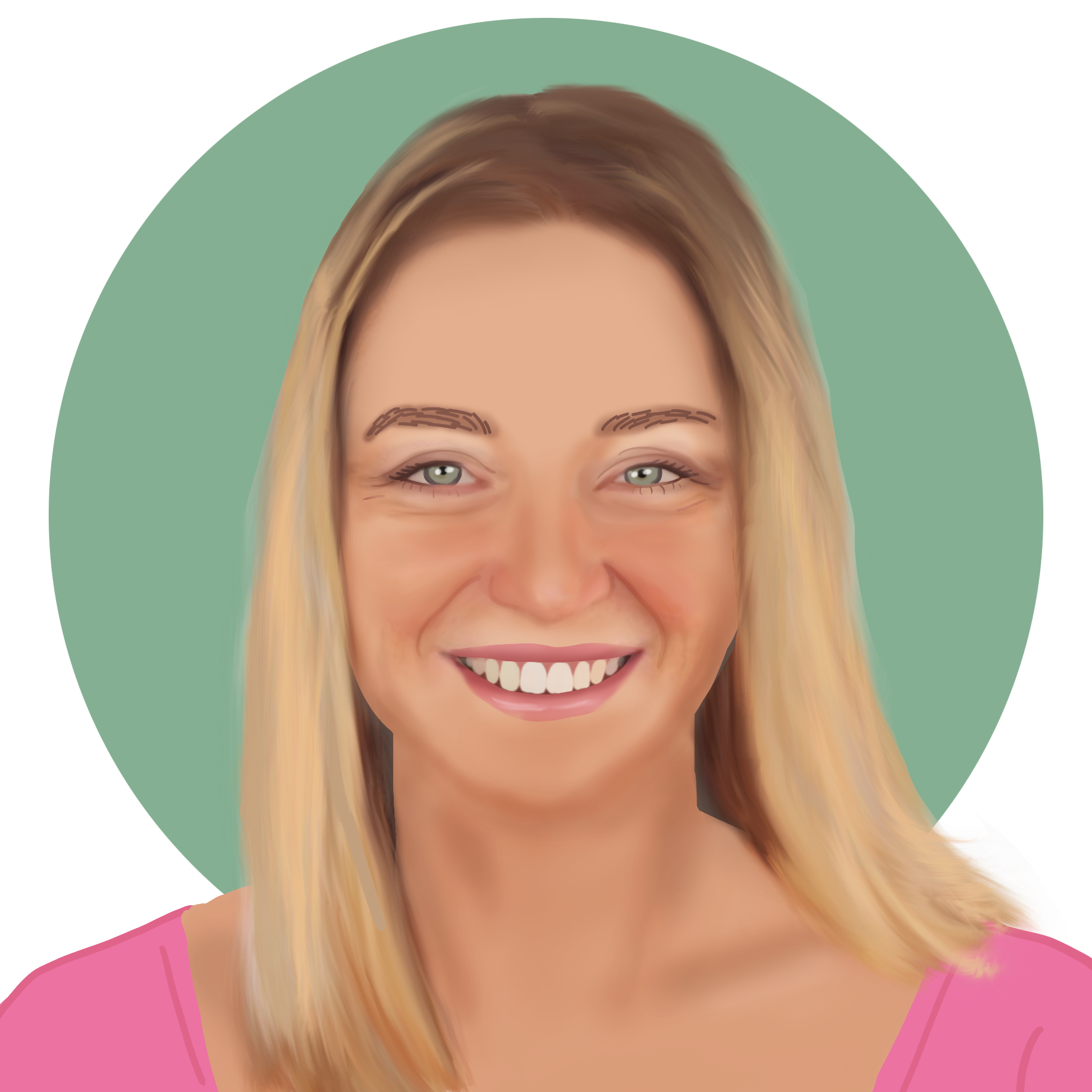 Profile illustration of Emily Willis with blonde shoulder length hair, pink top on a circled green background